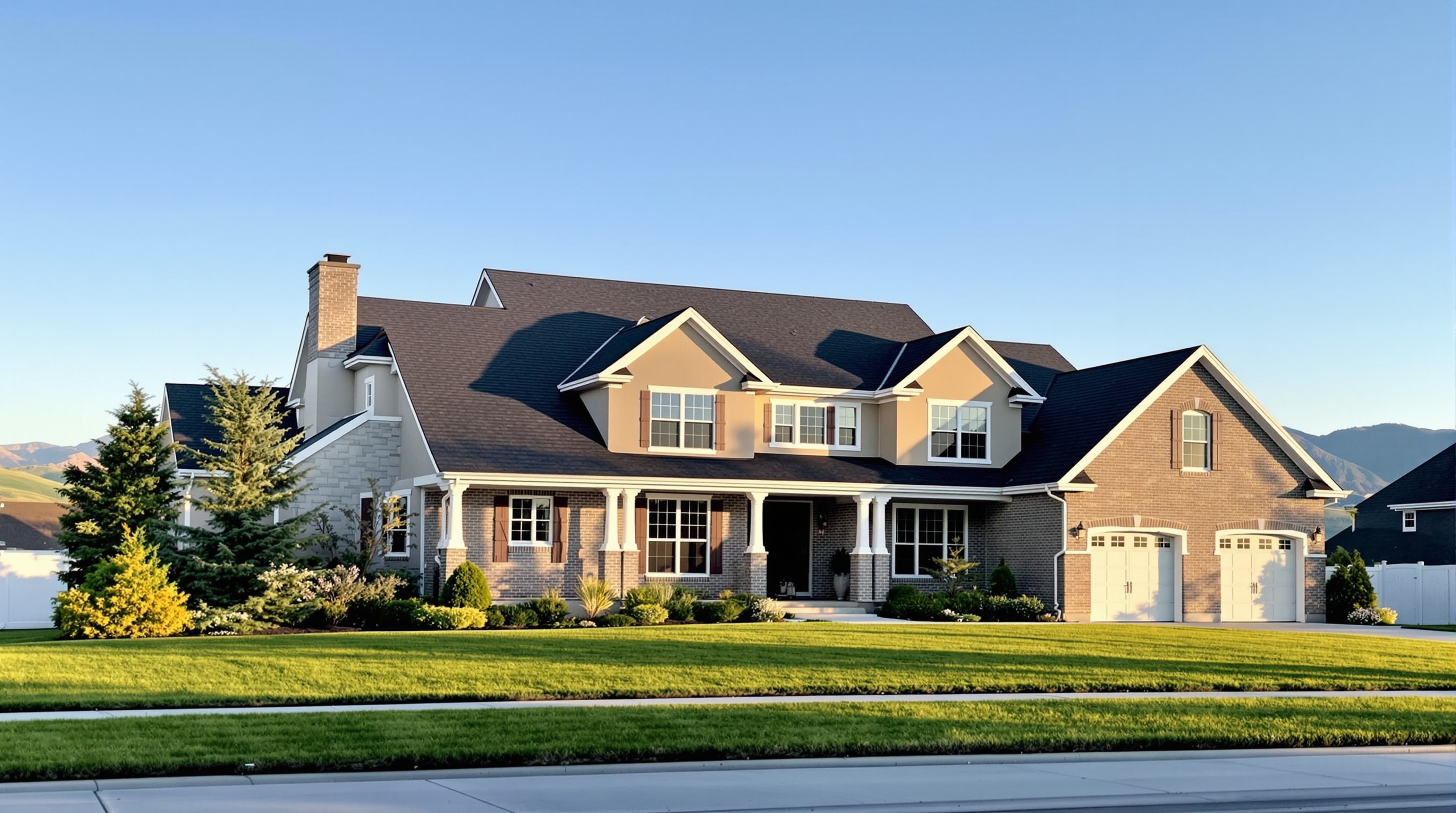 Beautiful newly completed roof on a Utah home with Wasatch Mountains in the background