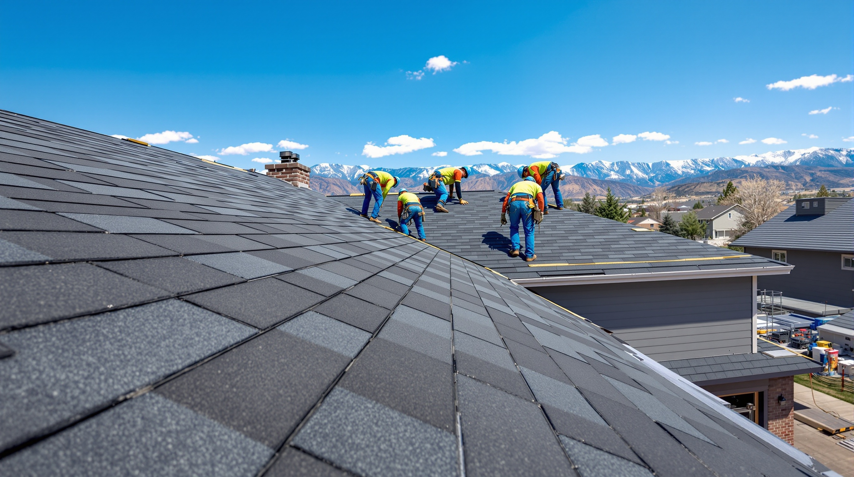Roofing installation with Wasatch Mountains