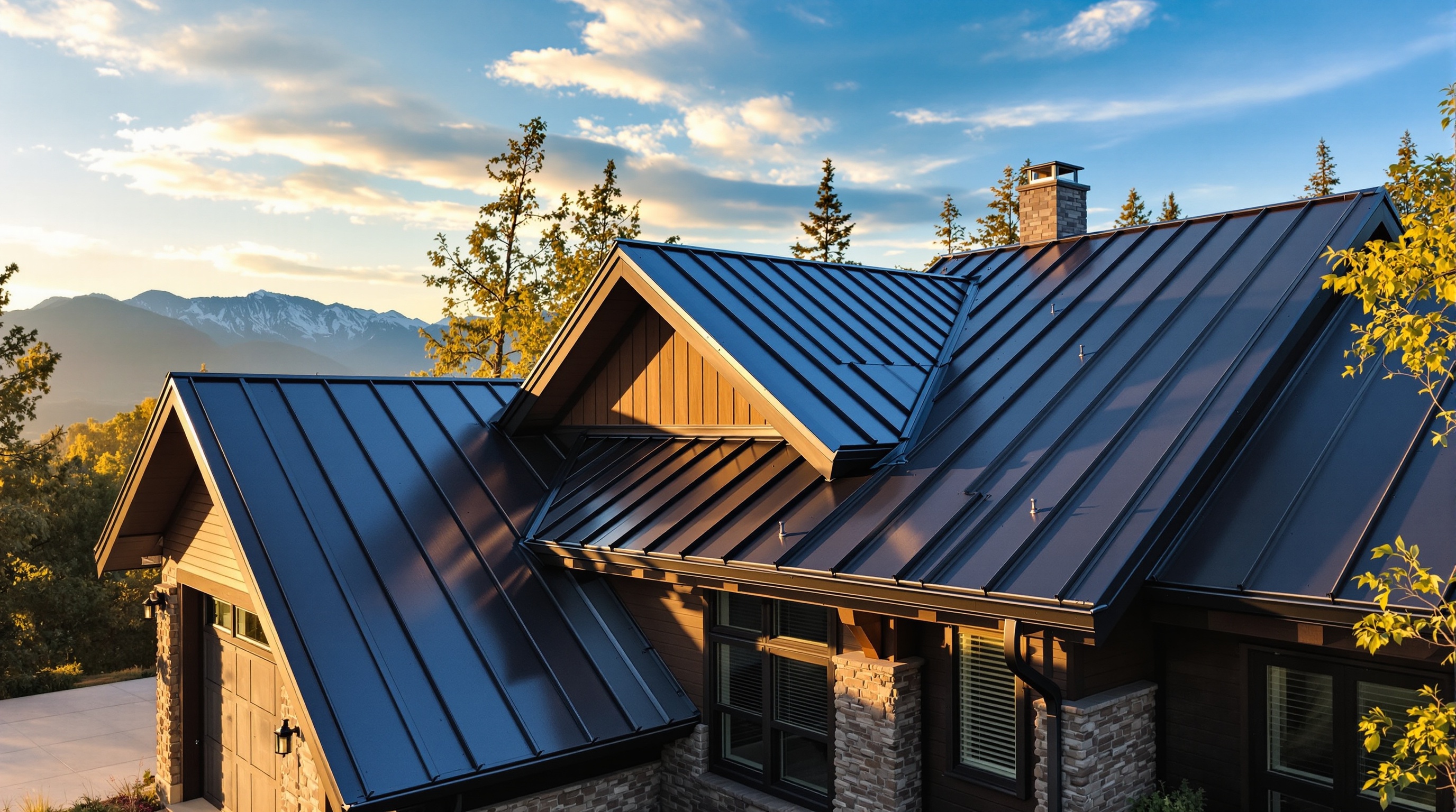 Standing seam metal roof at golden hour
